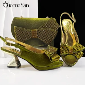 2025 New Rhinestone Design African Shoes & Bag Set in Olive Open Toe Comfortable Women's High Heels Hot Sale on Instagram