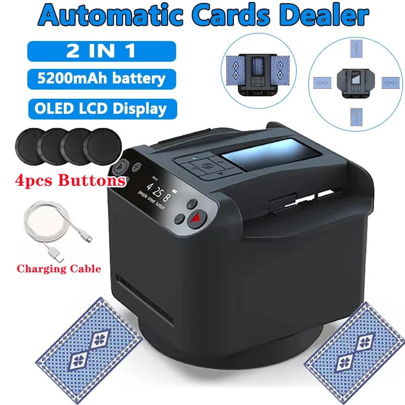 360° Fully Automatic Card Shuffle Dealer Machine OLED LCD Display Electric Cards Shuffling Dealing Tool Home Party Poker Device