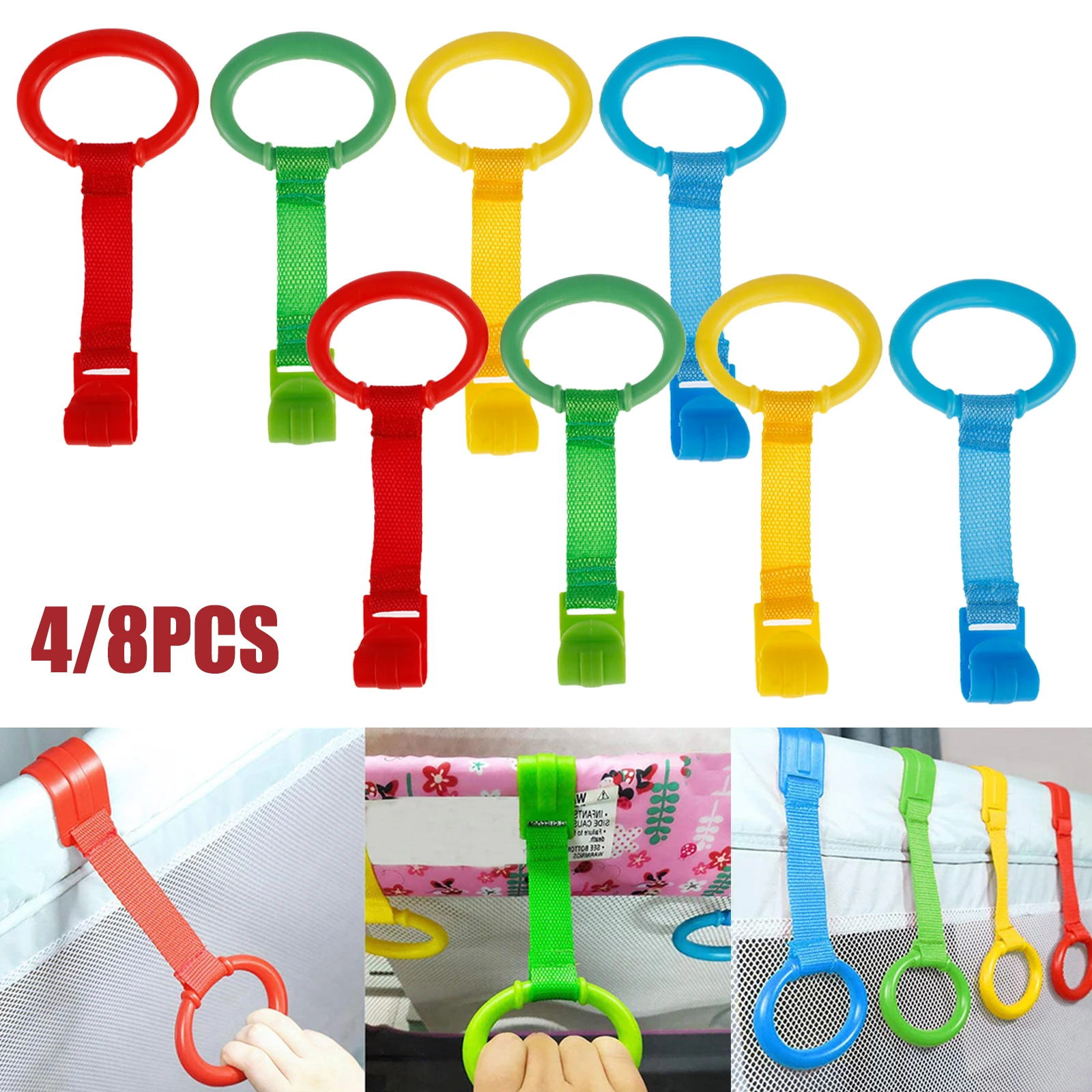 4/8Pcs Baby Hand Pull Rings Cribs Playpens Walking Training Rings Baby Stand up Assistant Rings Security Bed Hanging Pendants
