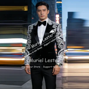 Exclusive Crystals Beading Suit Men Single Breasted Groom Blazers Customized 2 Piece Sets Man Banquet Attire Ternos Completo