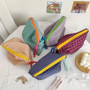 Hot Sale Women Plaid Makeup Bag Large Capacity Cotton Zipper Pouch Purse Travel Makeup Bag Portable Simple Pouch Cosmetic Bag