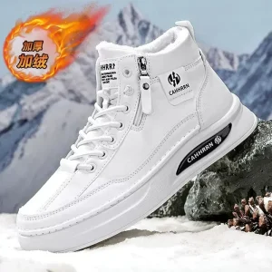 Men's White High Top Winter Hot Selling Cotton Outdoor Men's Leather Sports Shoes, High-quality Men's Fashionable Boots