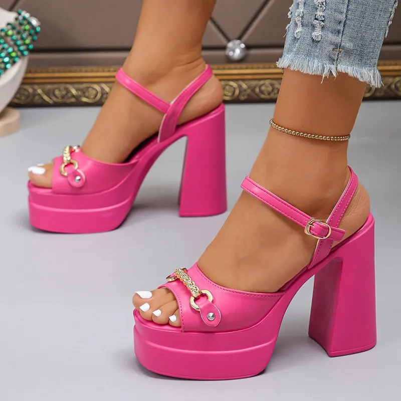 New 2026 Summer Products Square Head Hollow Thick Heel Leather High Heel Fish Mouth Women Shoes Plus Size Catwalk Sandals Trend