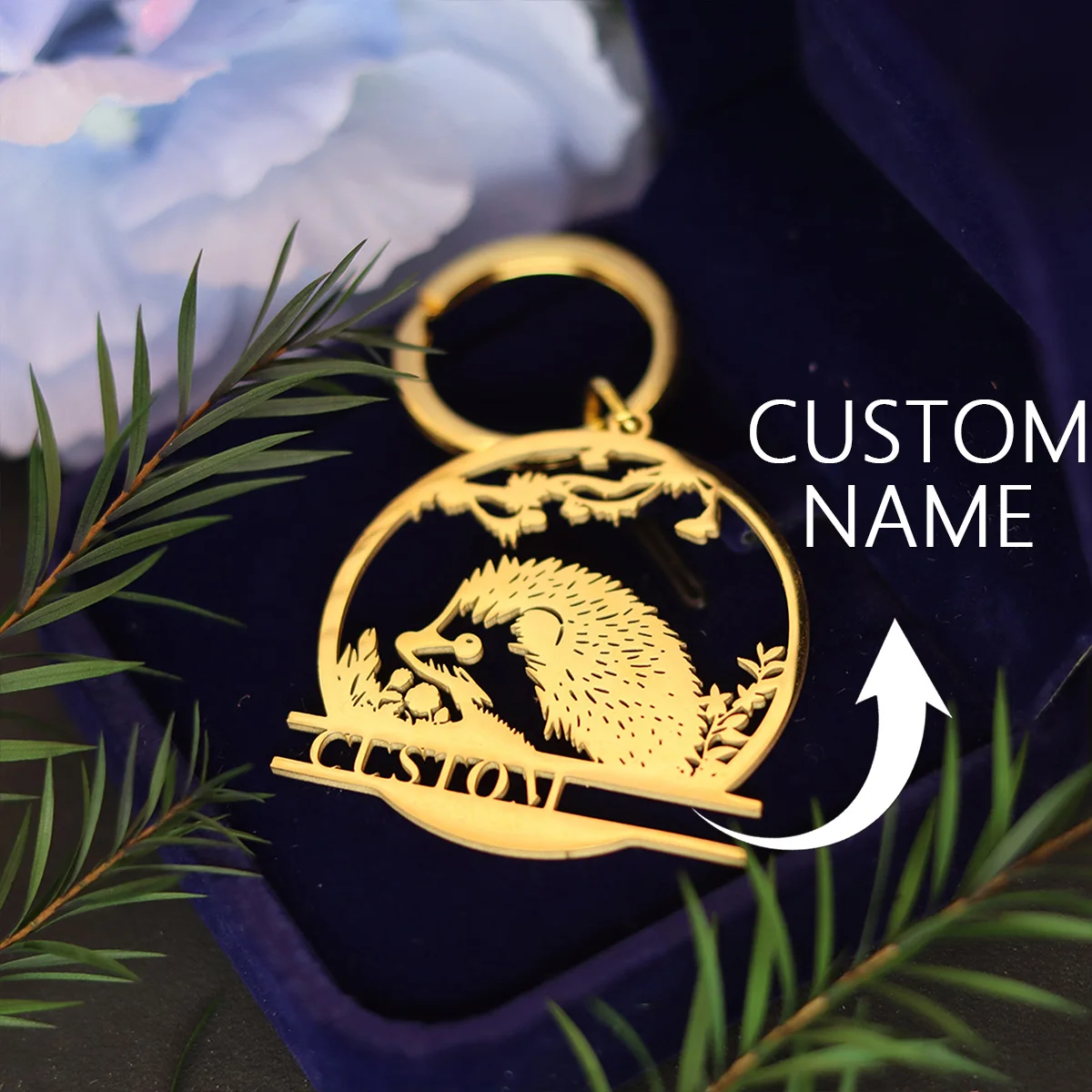 QIAMNI Custom Name Cute Hedgehog Animal Key Chains Souvenir Gifts For Women Men Stainless Steel Laser Engraved Letters Keyring