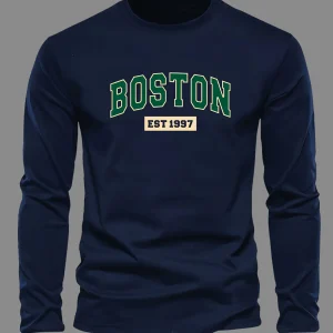 100% cotton men's long sleeved round neck loose BOSTON EST 1997 letter printed autumn and winter casual versatile T-shirt top