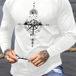 100% pure cotton men's long sleeved round neck loose casual mountain and compass printed spring and autumn versatile T-shirt