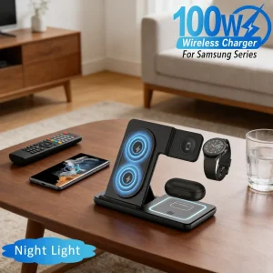 100W 3 In 1 Foldable Wireless Charger Stand LED Fast Charging Station for Samsung S25 S24 Galaxy Watch 2-8 Active Buds Pro