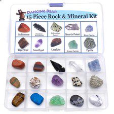 15 Pc Rock & Mineral Collection with Collector Box/Display Case, ID Sheet, Ro...