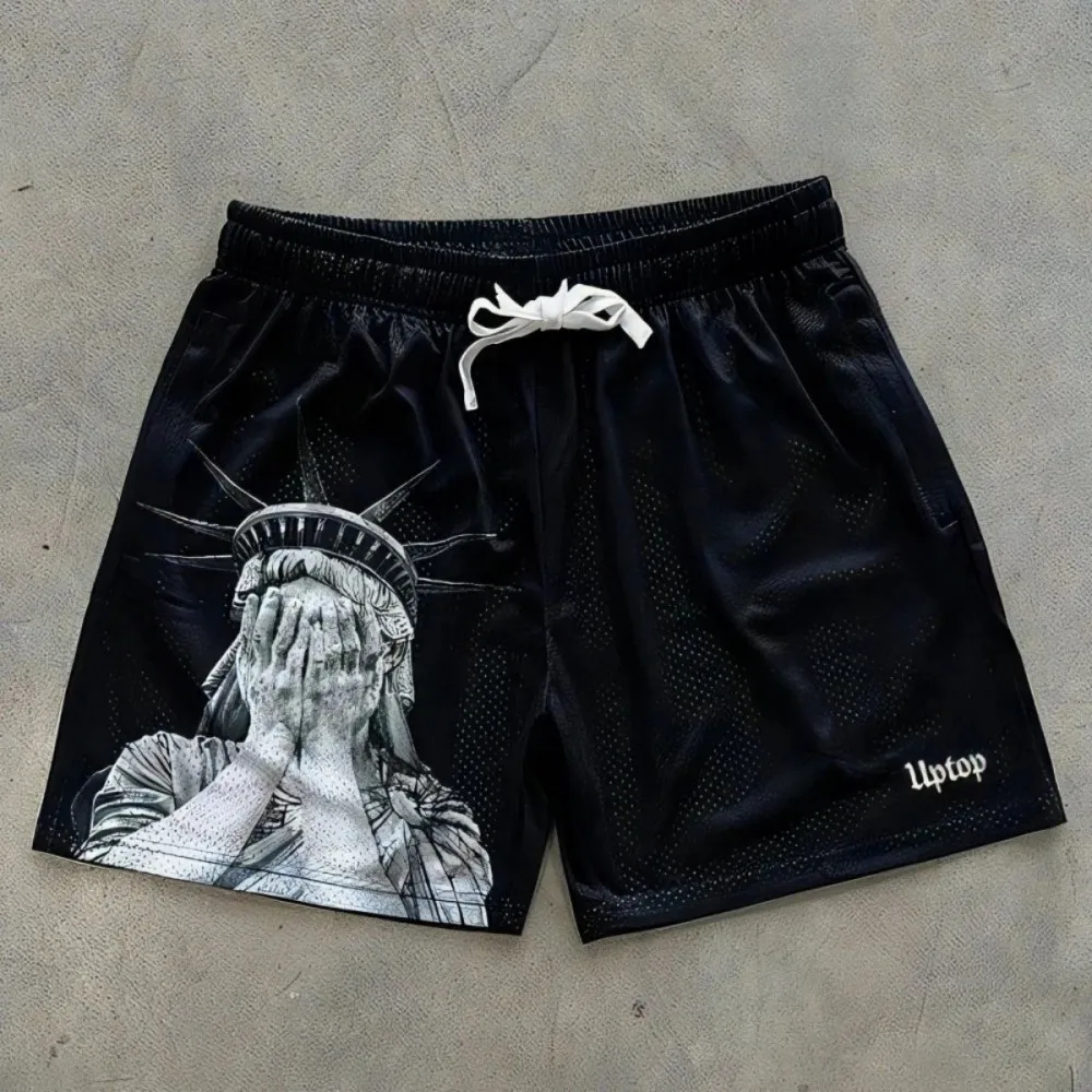 2026 European and American men's summer Statue of Liberty print comfortable breathable drawstring shorts outdoor casual pants