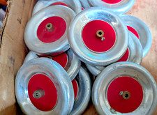 $5 SALE SET OF 4 3" STEEL WHEELS A.C. GILBERT ERECTOR SET CADMIUM W/RED CENTER