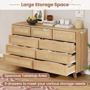 [Hot Deal, Limited Time Offer!]Rattan Dresser for Bedroom, 9 Drawer Dresser with Natural Rattan Drawers, Wooden Tall Cabinet wit