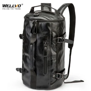 Men Leather Bucket Backpack Multifunctional Travel Bag Large Capacity Luggage Male Backpacks Travel Shoulder Bags XA607ZC