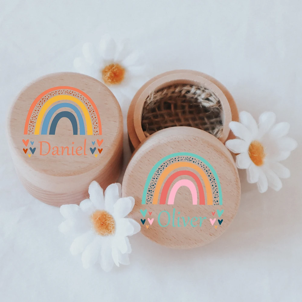 Personalised Rainbow with Name Engraved Baby Tooth Box Keepsake Teeth Umbilical Curl Hair Wooded Collect Case Infant Shower Gift