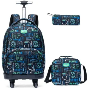 Rolling Backpack for Boys Gamepad Suitcases Trolley Roller Luggage Backpacks with 360° Rotating Wheels 15" Laptop 3PCS Lunch Bo