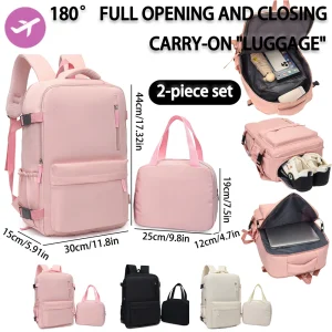 2-Piece Set, 180 ° Full Open Travel Backpack with Toiletry Bag, Lightweight Carry on Luggage for Business, School & Daily Commute