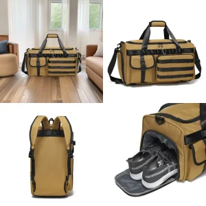 【New Arrival】 Tan Tactical Duffel Bag, Large Capacity Travel Gym Bag with MOLLE Webbing & Detachable Strap