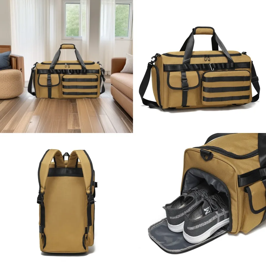 【New Arrival】 Tan Tactical Duffel Bag, Large Capacity Travel Gym Bag with MOLLE Webbing & Detachable Strap