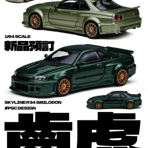 *Pre-sale*TimeMicro 1:64 Skyline GTR R34 Smilodon Jade Dark Green Diecast Alloy Car Model Simulation Vehicle Collection Gift