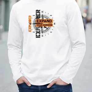 100% pure cotton men's long sleeved round neck loose compass explorer pattern printed casual versatile T-shirt top