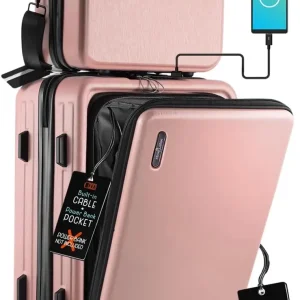 20 Inch Airline Approved Carry On Luggage with Wheels, Hard-shell Durable Pink Suitcase and Cosmetic Case
