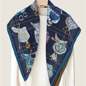 90CM Manual Curled Twill Silk Women Saddle Double Printed Two Side Square Scarves Wraps Echarpes Foulards Femme Hijabs