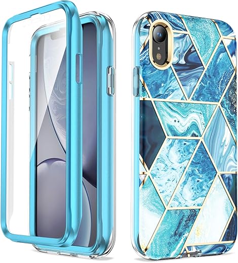 Asuwish Phone Case for iPhone XR 6.1 with Screen Protector Cover Hybrid Luxury Cute Marble Shockproof Full Body Hard Heavy Duty Slim Cell iPhoneXR iPhone10R i Phonex 10XR 10R RX CR iPhoneXRcases Blue