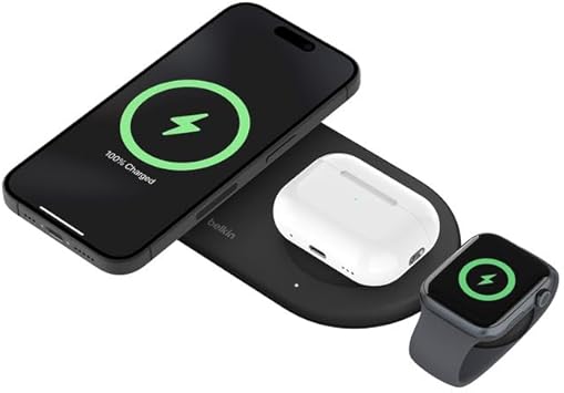 Belkin WIZ022qcBK 3 in 1 Wireless Charger, Qi2 Certified, Compatible with MagSafe iPhone 17, 16-12, Smartphones (Up to 15W Fast Charging), AirPods/Wireless Charging Compatible Earphones (5W Charging