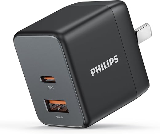 Philips USB A + USB C Wall Charger Adapter Plug 20W Dual Port Fast Charging |Safety | SAA Approved| Australia Standard| Compatible with iPhone 17/16/15/14/13/Pro/Pro Max| iPad (Black, 20W GaN Charger)