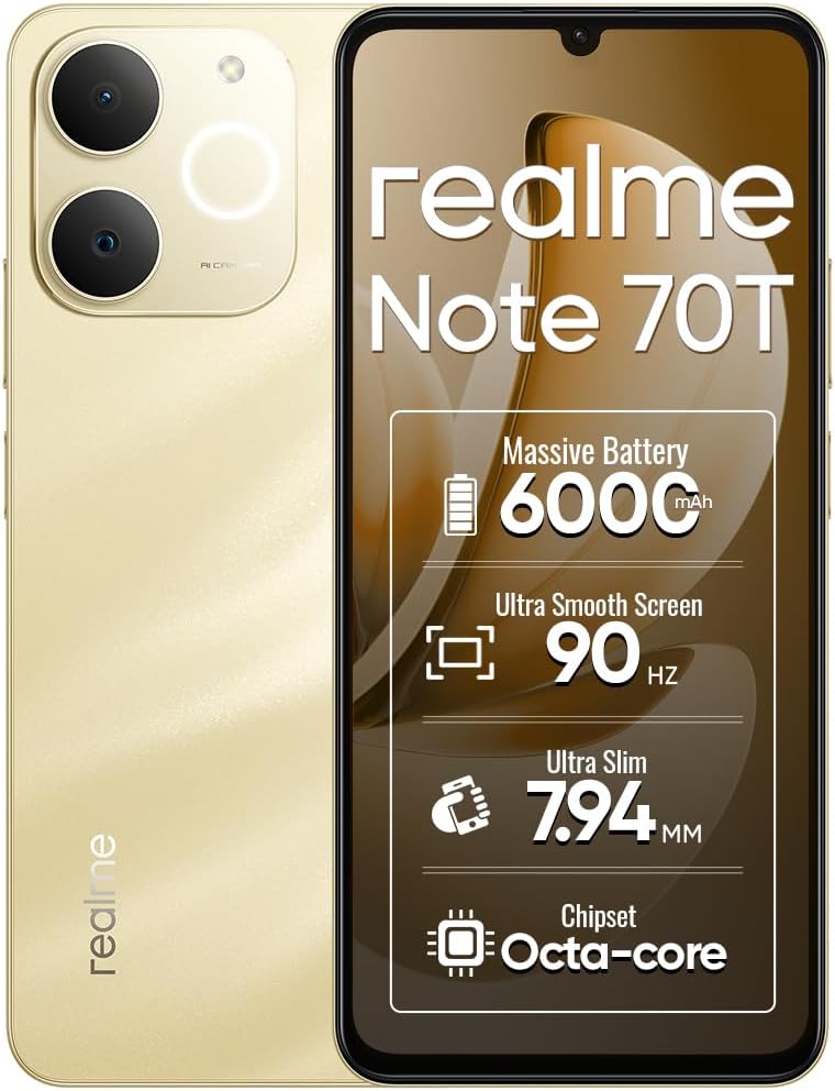 realme Note 70T 4G Smartphone 4+64GB, Gold, 6.75-inch Screen, 90Hz Display, 6000 mAh Battery, 32 MP Camera, Powerful Octa-core Processor, ArmorShell Protection, IP54