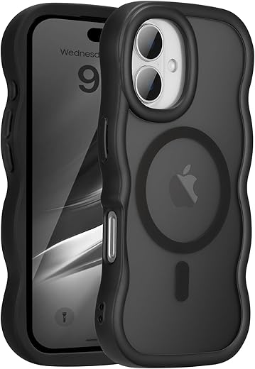 UEEBAI Magnetic for iPhone 16 Case, Cute Cover Compatible with MagSafe, 2025 Transparent Clear Wave Design Wavy Frame Matte Phone Case, Black