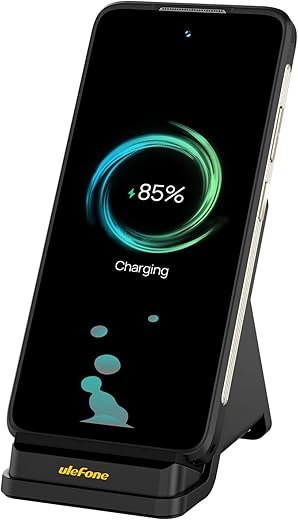 Ulefone 50 W Wireless Flash Charging Stand, Air-Cooled, Safe Fast Charging with Dual Coil Design, Qi Certified, Efficient Cooling and Quiet Heat Dissipation for Armor 23 Ultra