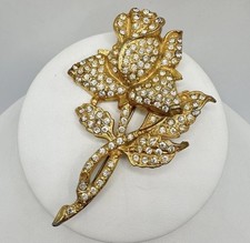VTG Rose Rhinestone Gold Tone Pot Metal? Brooch Pin Unsigned Estate Sale 3i Read