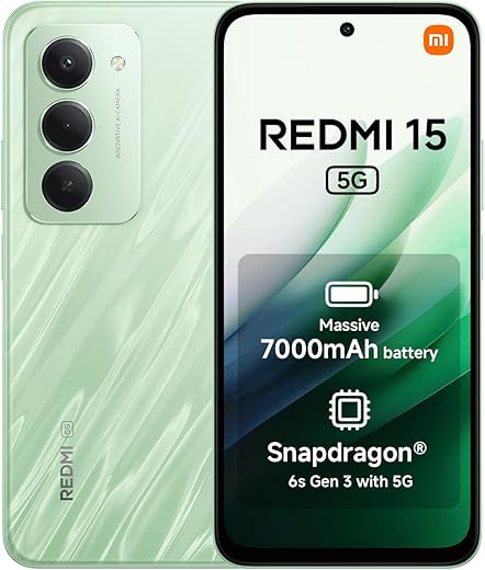 Xiaomi Redmi 15 5G (AU Version), Smartphone 128GB, 7000mAh, 6.9" FHD+ DotDisplay 144Hz, Snapdragon® 6s Gen 3, 6nm Process, Octa-core CPU, 50MP Main Camera, Green, Charger Not Included
