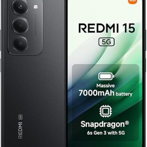 Xiaomi Redmi 15 5G (AU Version), Smartphone 128GB, 7000mAh, 6.9" FHD+ DotDisplay 144Hz, Snapdragon® 6s Gen 3, 6nm Process, Octa-core CPU, 50MP Main Camera, Black, Charger Not Included