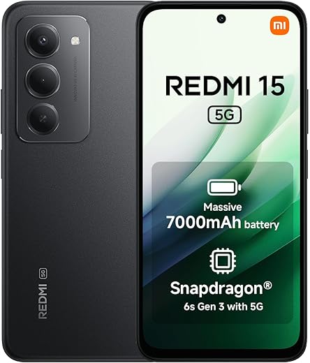 Xiaomi Redmi 15 5G (AU Version), Smartphone 128GB, 7000mAh, 6.9" FHD+ DotDisplay 144Hz, Snapdragon® 6s Gen 3, 6nm Process, Octa-core CPU, 50MP Main Camera, Black, Charger Not Included