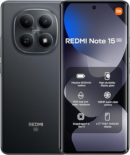 Xiaomi Redmi Note 15 5G(AU Version), Smartphone 256 GB, 6.77" 120Hz AMOLED Display, Snapdragon 6 Gen 3, 108MP AI Camera, 5520mAh Battery, Black, Charger Not Included