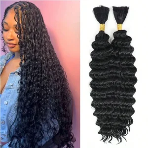 28 Inch Human Braiding Hair For Boho Braids Deep Wave Bulk Human Hair Curly Hair For Boho Braids Extensions No Weft 12A Wet And Wavy Human Hair Braiding Hair Deep Curly Human Hair Bundles No Weft 110g 2 Bundle/Pack Natural Black Color