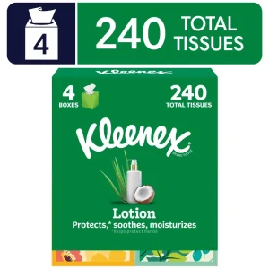 Facial Tissues with Coconut Oil & Aloe Vera, 3-Ply Ultra Soft, 4 Pack of 240 Sheets Total, Big Discount on Cost Effective Skincare and Bath Tissue, Great Offer for Home and Office