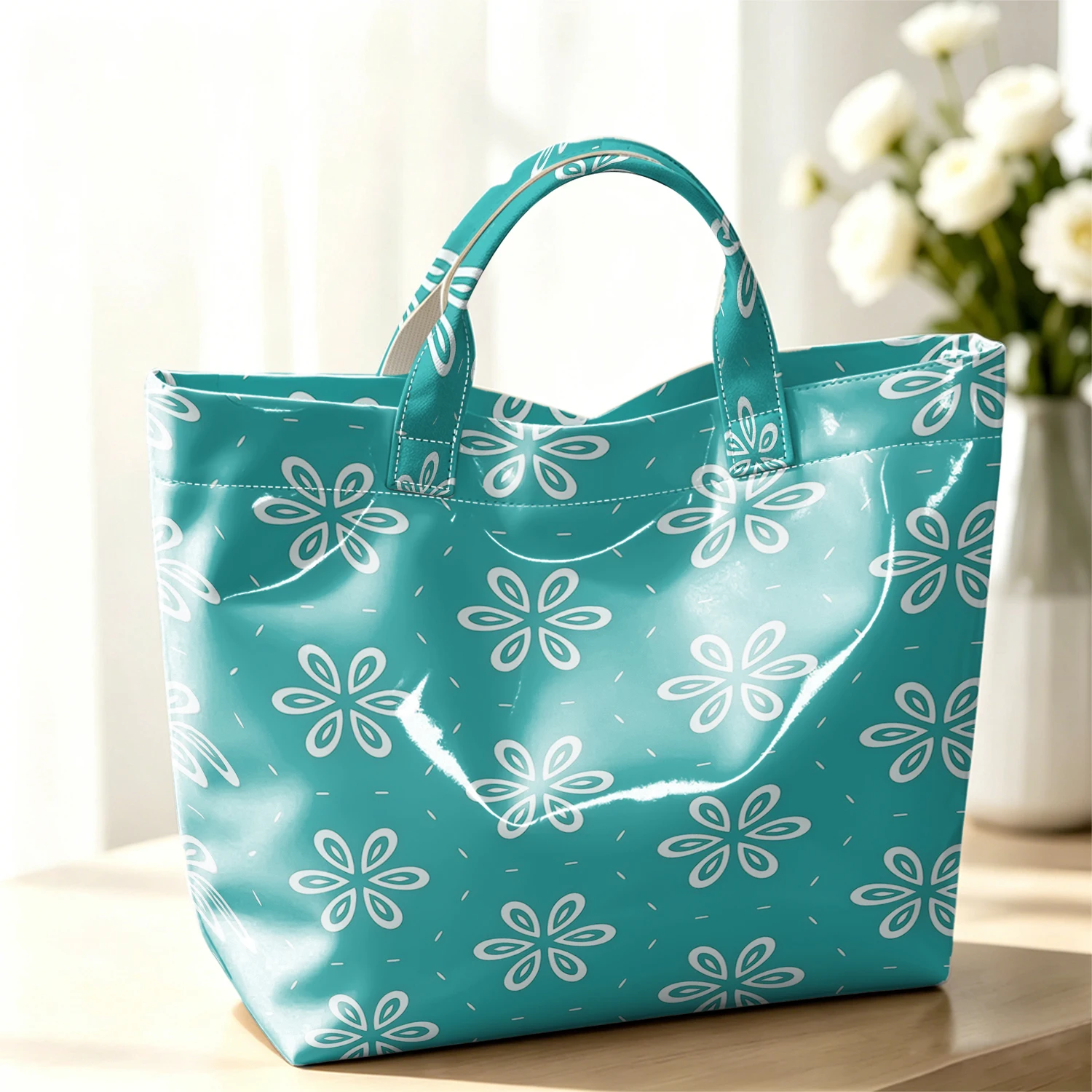 Minimal Teal Bloom Hot Sale Large Glossy PVC Tote Bag Hand Washable Waterproof Great for Travel Commute Makeup Storage Handbags