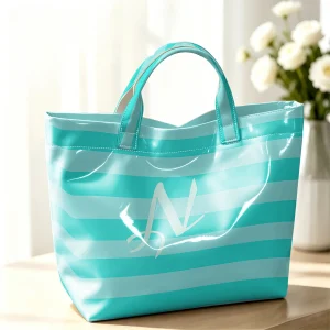 Turquoise Stripe Custom Initial N Hot Sale Large Glossy PVC Tote Bag Hand Washable Waterproof for Travel Commute Makeup Handbags